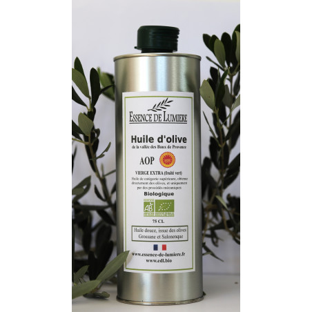 Huile d'olive DOUCE VIERGE EXTRA (fruité vert) Bio et AOP de la vallée des Baux de Provence
